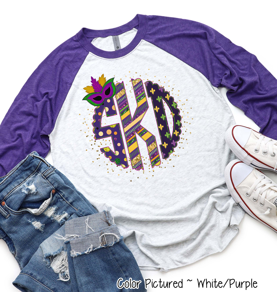 Big Monogram Mardi Gras Print with Mask Accent Tee