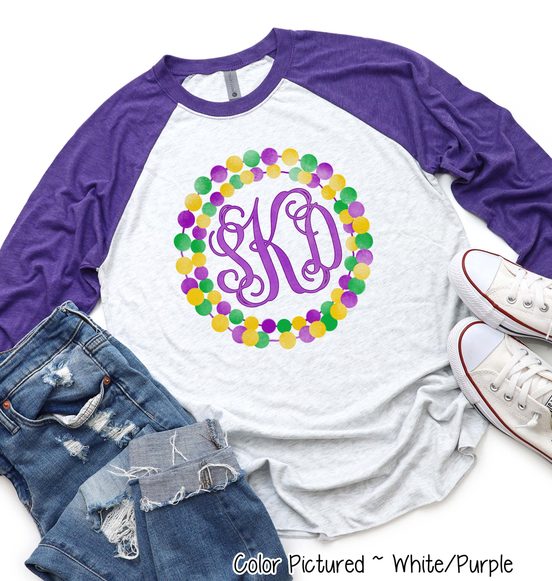 Monogram Mardi Gras Beads Wreath Tee