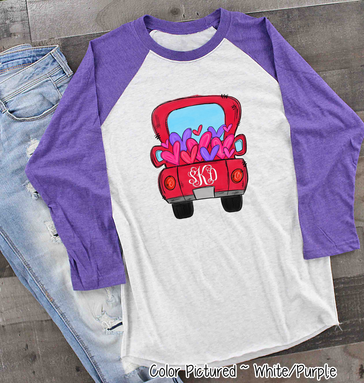 Monogram Red Truck with Hearts Valentine Shirt