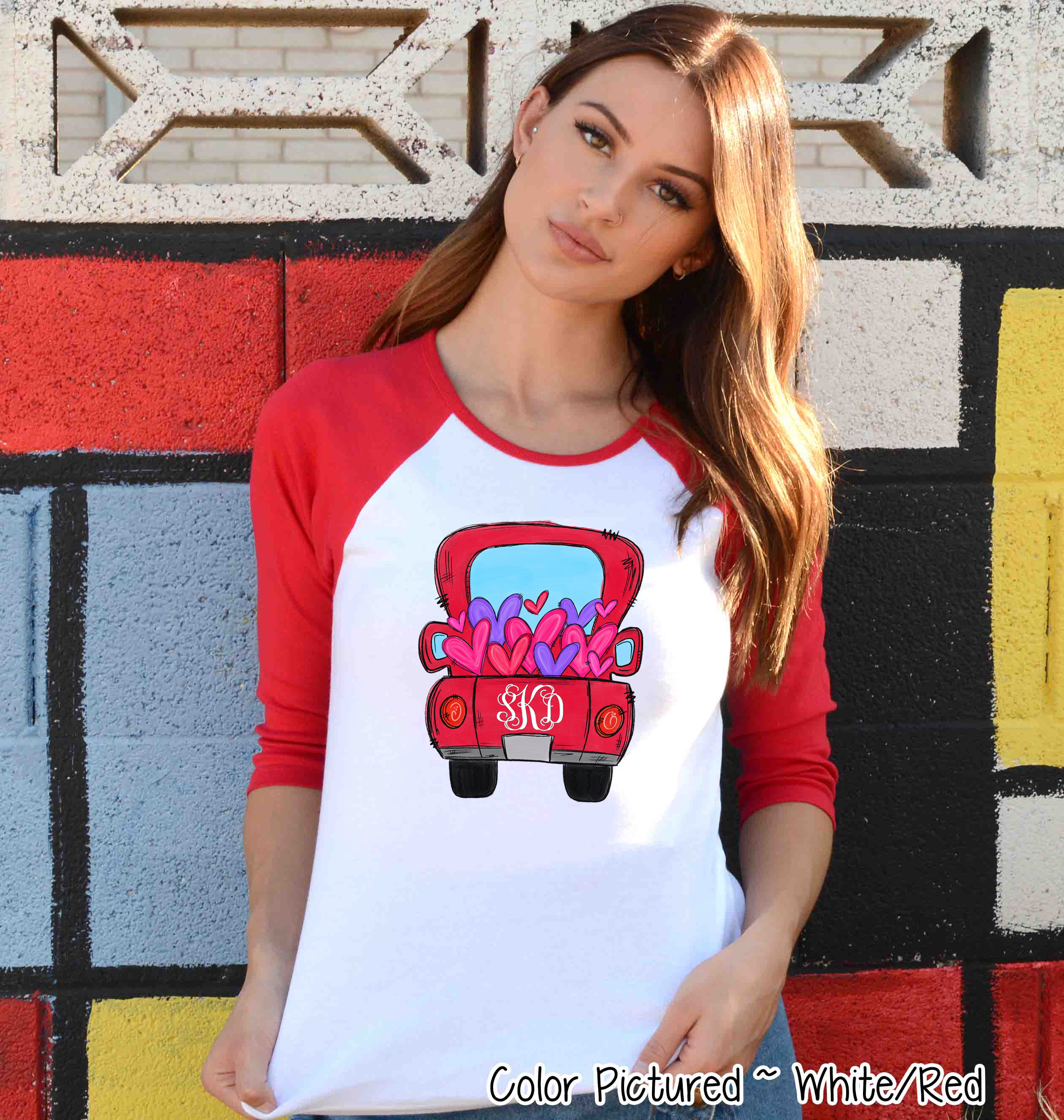 Monogram Red Truck with Hearts Valentine Shirt