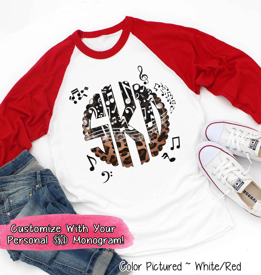 Band Choir Music Notes Leopard Big Monogram Tee