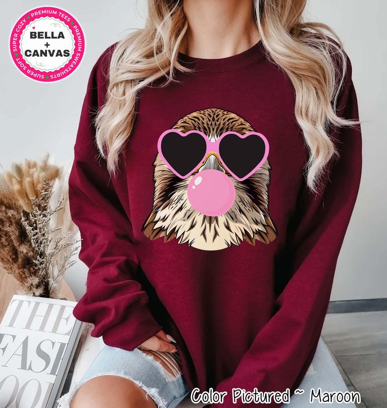 Preppy Bubble Blowing Pink Falcons Mascot Team Sweatshirt, Cute Mascot Sweater, School Team Tee, Favorite Falcons Team Shirt,School Logo Tee image 1