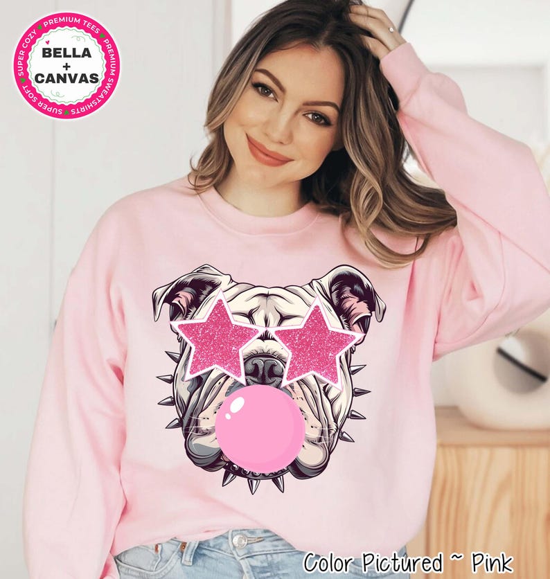 Preppy Bubble Blowing Pink Bulldog Mascot Team Sweatshirt, Cute Mascot Sweater, School Team Tee, Favorite Bulldog Team Shirt,School Logo Tee image 1