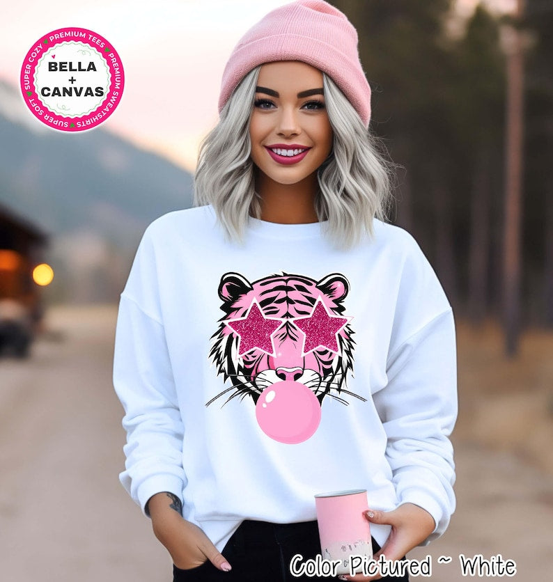 Preppy Pink Bubble Blowing Tigers Mascot Team Sweatshirt, Cute Mascot Sweater, School Team Tee, Favorite Tigers Team Shirt, School Logo Tee image 1