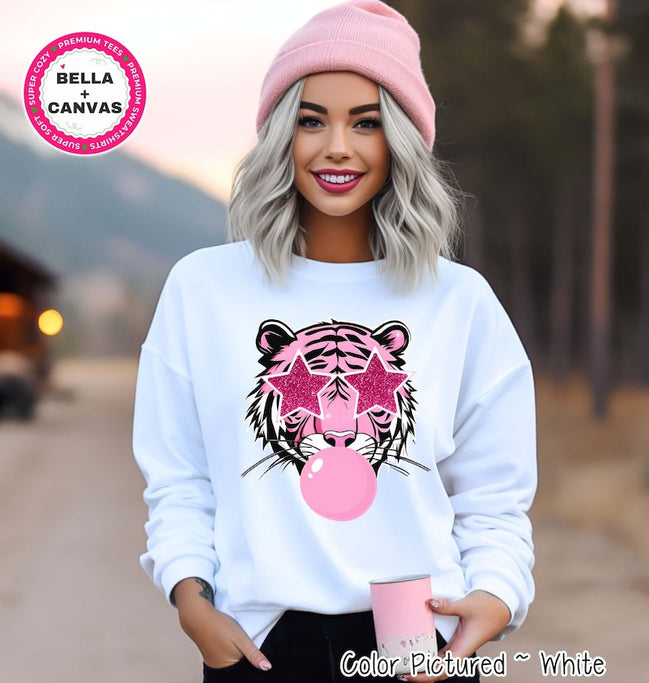 Preppy Pink Bubble Blowing Tigers Mascot Team Sweatshirt, Cute Mascot Sweater, School Team Tee, Favorite Tigers Team Shirt, School Logo Tee image 1
