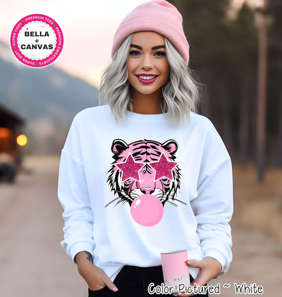 Preppy Pink Bubble Blowing Tigers Mascot Team Sweatshirt, Cute Mascot Sweater, School Team Tee, Favorite Tigers Team Shirt, School Logo Tee image 1
