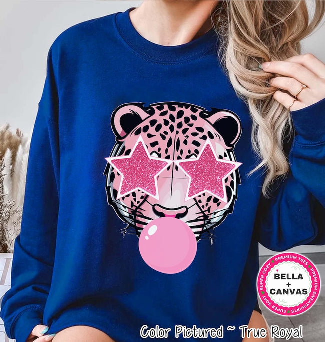 Preppy Bubble Blowing Pink Leopard Mascot Team Sweatshirt, Cute Jaguar Mascot Sweater,School Team Tee,Favorite Team Shirt,School Logo Hoodie image 1