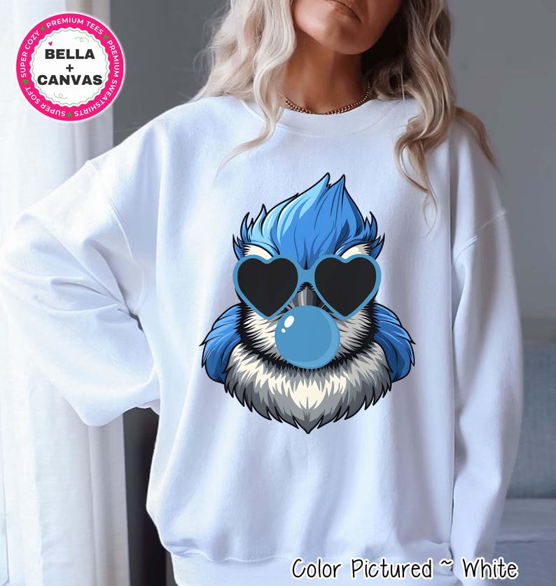Preppy Bubble Blowing Blue Jay Mascot Team Sweatshirt, Cute Blue Bird Mascot Sweater, School Team Tee, Favorite Team Shirt, School Logo Tee image 1