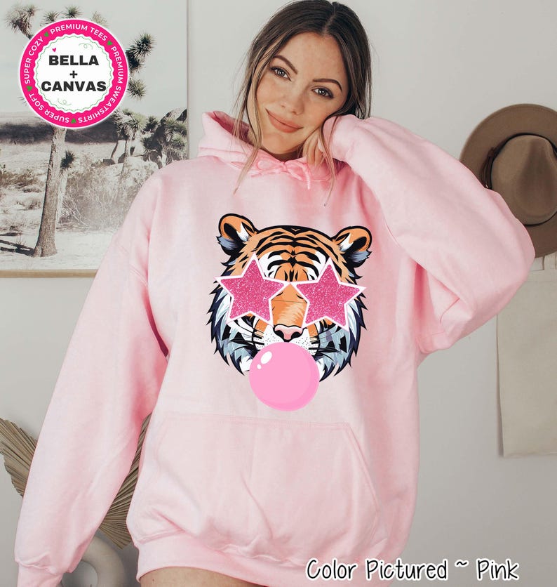 Preppy Pink Bubble Blowing Tigers Mascot Team Sweatshirt, Cute Mascot Sweater, School Team Tee, Favorite Tigers Team Shirt, School Logo Tee image 2