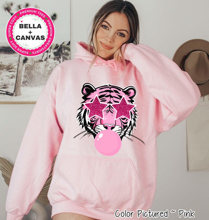 Preppy Pink Bubble Blowing Tigers Mascot Team Sweatshirt, Cute Mascot Sweater, School Team Tee, Favorite Tigers Team Shirt, School Logo Tee image 2