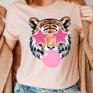 Preppy Pink Bubble Blowing Tigers Mascot Team Sweatshirt, Cute Mascot Sweater, School Team Tee, Favorite Tigers Team Shirt, School Logo Tee image 3