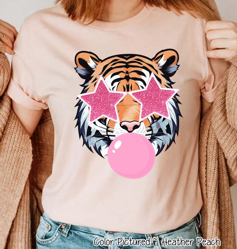 Preppy Pink Bubble Blowing Tigers Mascot Team Sweatshirt, Cute Mascot Sweater, School Team Tee, Favorite Tigers Team Shirt, School Logo Tee image 3