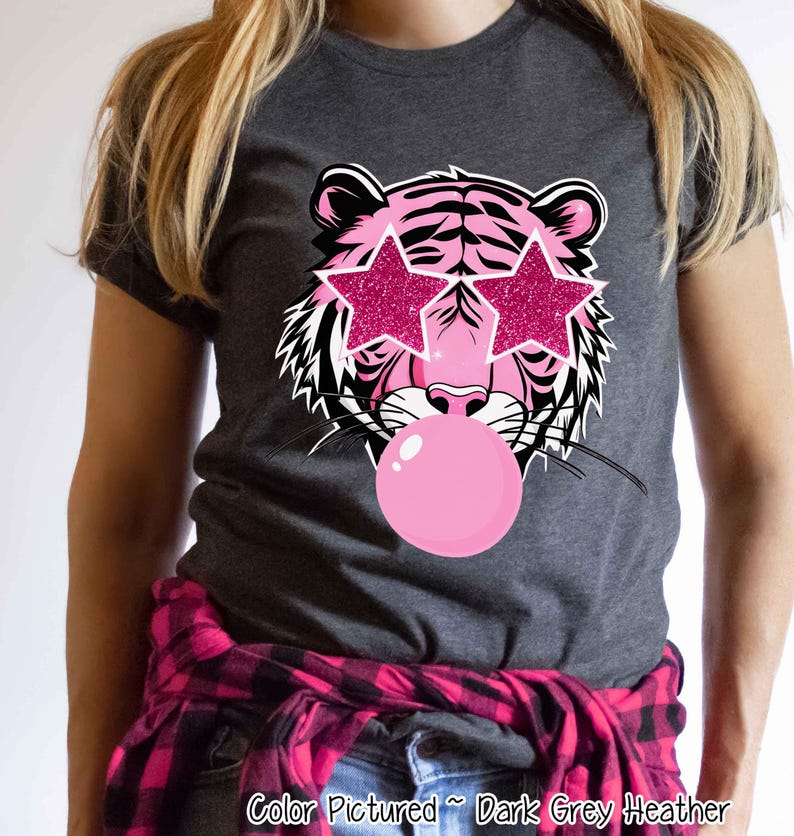 Preppy Pink Bubble Blowing Tigers Mascot Team Sweatshirt, Cute Mascot Sweater, School Team Tee, Favorite Tigers Team Shirt, School Logo Tee image 3