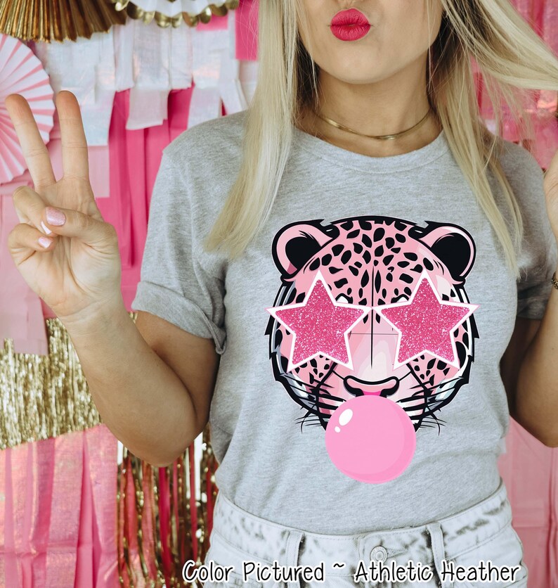 Preppy Bubble Blowing Pink Leopard Mascot Team Sweatshirt, Cute Jaguar Mascot Sweater,School Team Tee,Favorite Team Shirt,School Logo Hoodie image 3