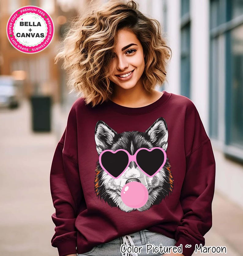 Preppy Bubble Blowing Husky Mascot Team Sweatshirt, Cute Mascot Sweater, School Team Tee, Favorite Huskies Team Shirt, School Logo Hoody image 1