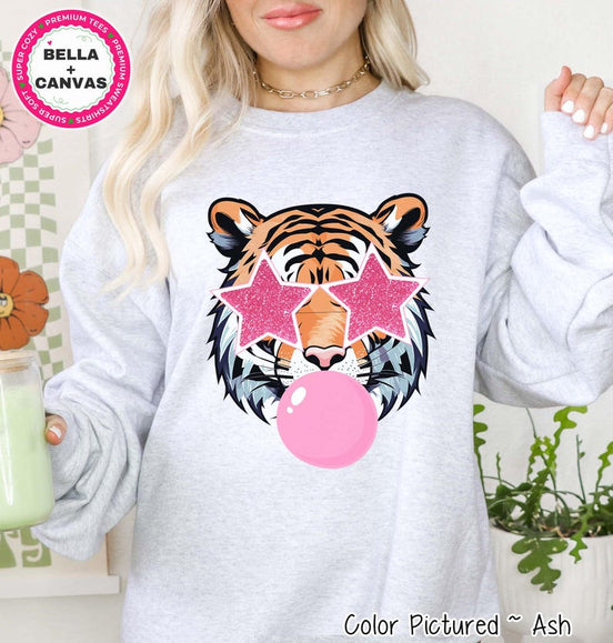 Preppy Pink Bubble Blowing Tigers Mascot Team Sweatshirt, Cute Mascot Sweater, School Team Tee, Favorite Tigers Team Shirt, School Logo Tee image 1