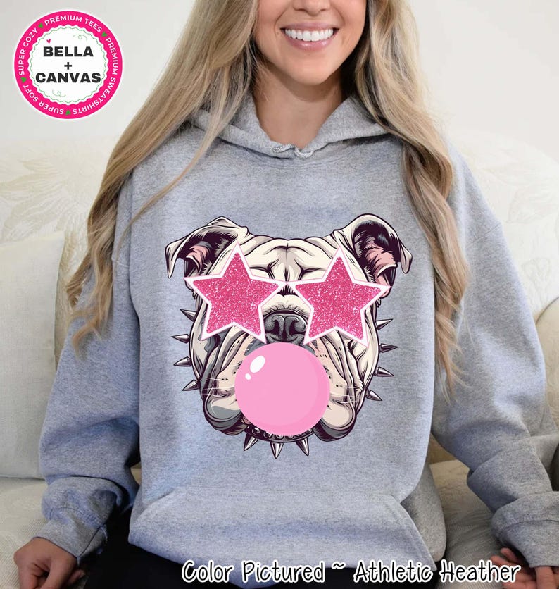 Preppy Bubble Blowing Pink Bulldog Mascot Team Sweatshirt, Cute Mascot Sweater, School Team Tee, Favorite Bulldog Team Shirt,School Logo Tee image 2
