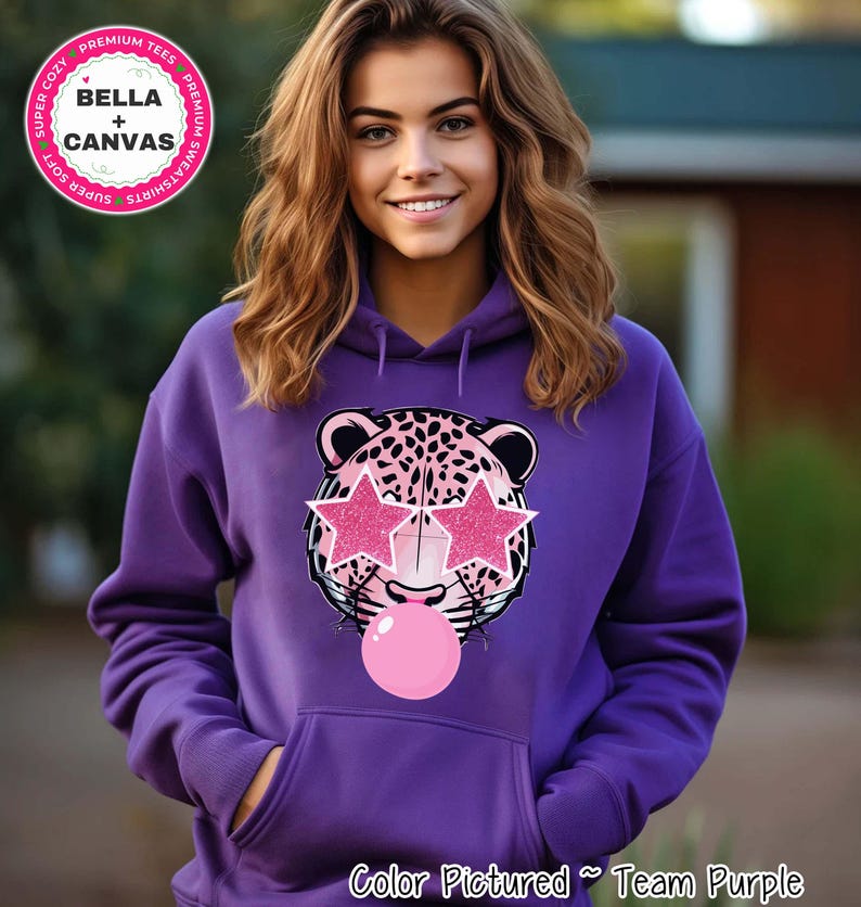 Preppy Bubble Blowing Pink Leopard Mascot Team Sweatshirt, Cute Jaguar Mascot Sweater,School Team Tee,Favorite Team Shirt,School Logo Hoodie image 2