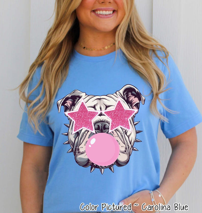 Preppy Bubble Blowing Pink Bulldog Mascot Team Sweatshirt, Cute Mascot Sweater, School Team Tee, Favorite Bulldog Team Shirt,School Logo Tee image 3