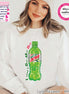 White sweatshirt with a green Diet Mtn Dew bottle graphic. The text "I need a Diet Mtn Dew" is printed on the left side of the bottle. The sweatshirt has a crew neck and long sleeves. The image also shows options for crewneck tee, long sleeve tee, basic sweatshirt, B+C sweatshirt, basic hoodie, and B+C hoodie.