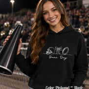 May include: A black hooded sweatshirt featuring a white line art graphic of a football helmet, a bow, and a football, with the text Game Day written below the design. The hoodie includes a front kangaroo pocket and long sleeves.
