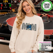 May include: An ivory long-sleeve sweatshirt featuring the word MOM in a black and white checkered pattern. The letter O is replaced by a blue wrestling headgear graphic, and two multi-colored star shapes are positioned over the center letters.