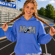 May include: A bright blue hooded sweatshirt featuring a graphic on the chest that spells MOM in a black and white checkered pattern. The letter O is replaced by a black track shoe with a white wing and three colorful stars surrounding it.