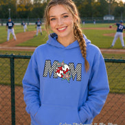 May include: A light blue hooded sweatshirt featuring a graphic on the chest with the word MOM in a black and white checkered pattern. The letter O is replaced by a white baseball with red stitching, accented by two colorful star shapes.