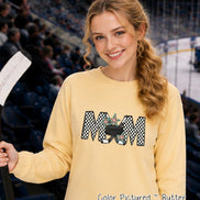 May include: A butter yellow long-sleeve sweatshirt featuring a graphic print of the word MOM in a black and white checkered pattern. The letter O is replaced by a black hockey puck and two crossed hockey sticks with colorful star accents.