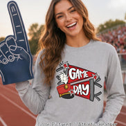 May include: An athletic heather gray long-sleeve shirt featuring a graphic print of two red pennants with the text 
