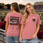May include: A heather mauve t-shirt featuring a marching band theme. The back displays a diamond pattern with the text Your School Marching Band and a hat graphic. The front left chest shows a smaller marching band hat graphic with the text Your Text.