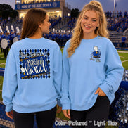 May include: A light blue crewneck sweatshirt featuring a marching band graphic. The back displays a blue and black diamond pattern with the text Your School Marching Band. The front left chest shows a blue marching band hat with a white plume.