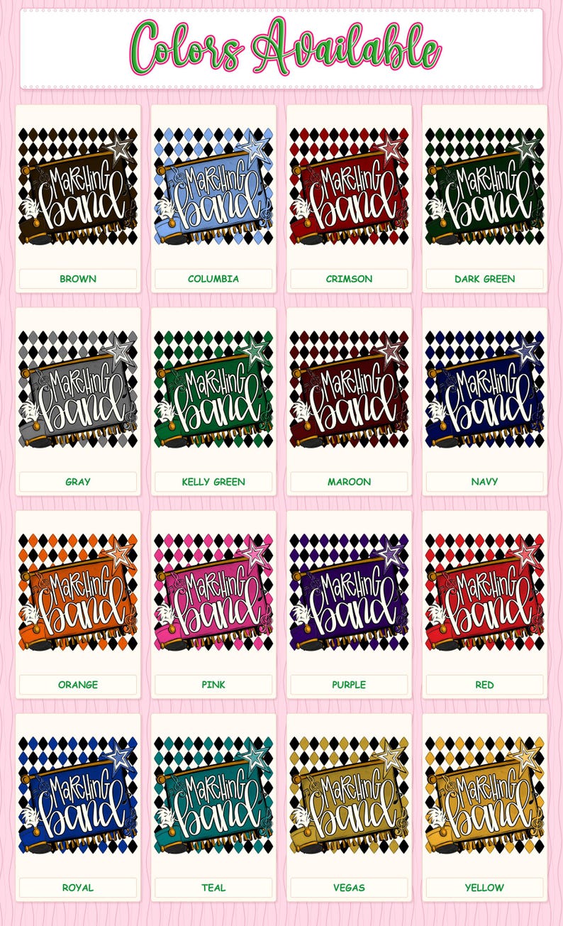 May include: A digital color chart displaying sixteen variations of a graphic design featuring the text 