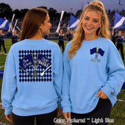 May include: A light blue crewneck sweatshirt featuring a back graphic of a black and blue diamond pattern with two crossed flags and the text Your School Color Guard. The front left chest displays two small crossed flags and the text Your Text.