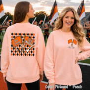 May include: A peach-colored crewneck sweatshirt featuring a back graphic of two orange flags with the text Your School and Color Guard, a star, and a black and orange diamond pattern. The front chest displays a smaller graphic of two orange flags.