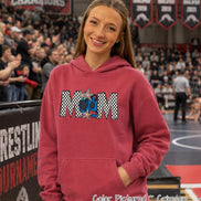 May include: A crimson hooded sweatshirt featuring a graphic on the chest that spells MOM in a black and white checkered pattern. The letter O is replaced by a blue wrestling headgear design, and two multi-colored stars are placed above and below it.