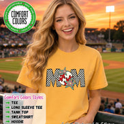 May include: A citrus yellow short-sleeve t-shirt featuring a graphic design that spells MOM. The letters M are filled with a black and white checkerboard pattern, while the O is replaced by a red and white baseball with colorful star accents.