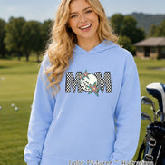 May include: A light blue hooded sweatshirt featuring the text MOM in a black and white checkered pattern. The letter O is replaced by a white golf ball graphic, and two colorful, multi-pointed stars are layered over the letters.