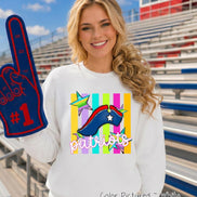May include: A white long-sleeve sweatshirt featuring a graphic print of a blue, red, and white tricorn hat, colorful stars, and vertical stripes with the word patriots in white script. A blue foam finger with the number 1 is held up.