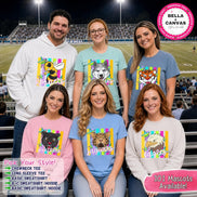 May include: A group of six people wearing various shirts and a hoodie, each featuring a different animal mascot graphic, including a hornet, husky, tiger, panther, jaguar, and eagle, set against a background of colorful vertical stripes.