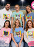 May include: A group of six people wearing various shirts and a hoodie, each featuring a different animal mascot graphic, including a hornet, husky, tiger, panther, jaguar, and eagle, set against a background of colorful vertical stripes.