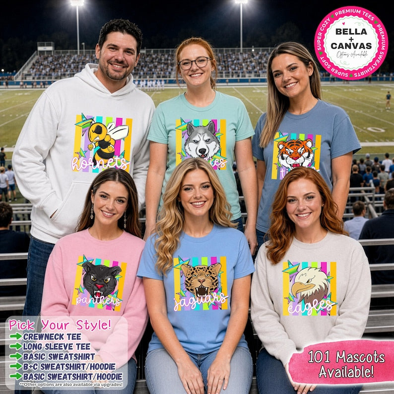 May include: A group of six people wearing various shirts and a hoodie, each featuring a different animal mascot graphic, including a hornet, husky, tiger, panther, jaguar, and eagle, set against a background of colorful vertical stripes.