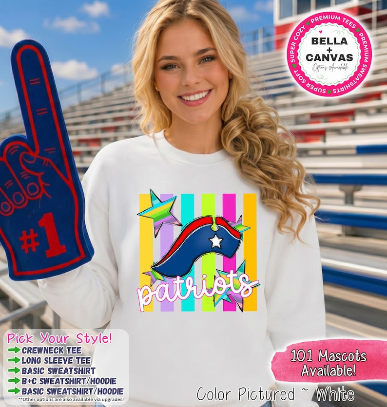 May include: A white crewneck sweatshirt featuring a graphic of a blue, red, and white tricorn hat, colorful vertical stripes, and stars. The word patriots is printed in white script below the hat. A blue foam finger with the number 1 is visible.