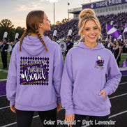 May include: A dark lavender hooded sweatshirt featuring a graphic on the back with a purple and black diamond pattern, a white star, and the text 