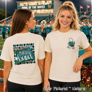 May include: A natural-colored t-shirt featuring a graphic design on the back and front. The back displays a teal marching band hat, a star, and the text 
