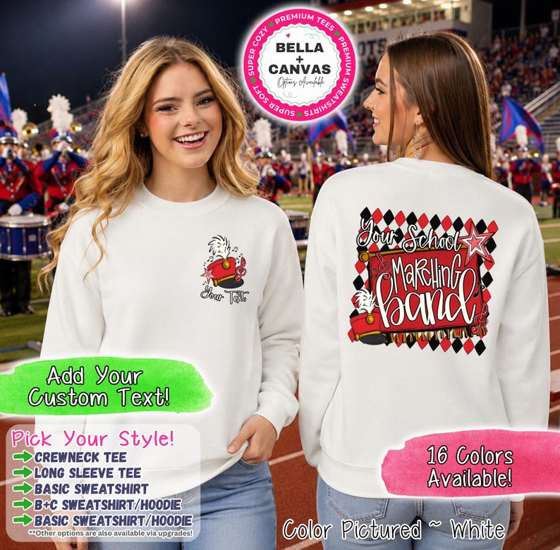 May include: A white long-sleeve sweatshirt featuring a small marching band hat graphic on the front left chest and a large graphic on the back with a red and black diamond pattern, a marching band hat, and the text Your School Marching Band.
