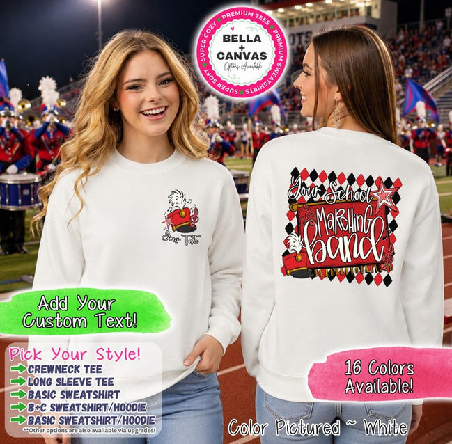May include: A white long-sleeve sweatshirt featuring a small marching band hat graphic on the front left chest and a large graphic on the back with a red and black diamond pattern, a marching band hat, and the text Your School Marching Band.