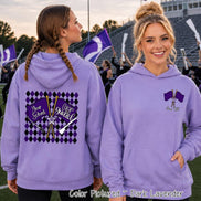 May include: A dark lavender hooded sweatshirt featuring a color guard graphic. The back displays a purple and black diamond pattern with two crossed flags labeled Your School and Color Guard. The front left chest shows a smaller crossed flag icon.