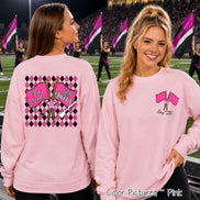 May include: A light pink long-sleeve sweatshirt featuring a color guard graphic. The back displays a black and pink diamond pattern with two crossed flags labeled 