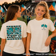 May include: A natural-colored t-shirt featuring a graphic on the back and front. The back displays a black and teal diamond pattern with two crossed teal flags labeled Your School and Color Guard. The front features a small teal flag graphic.